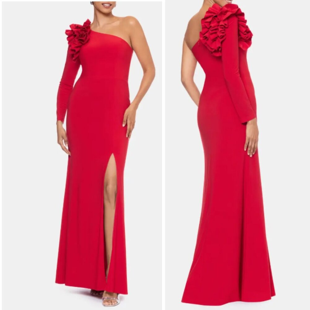 Xscape Ruffle One-Shoulder Gown Red Wmns 8